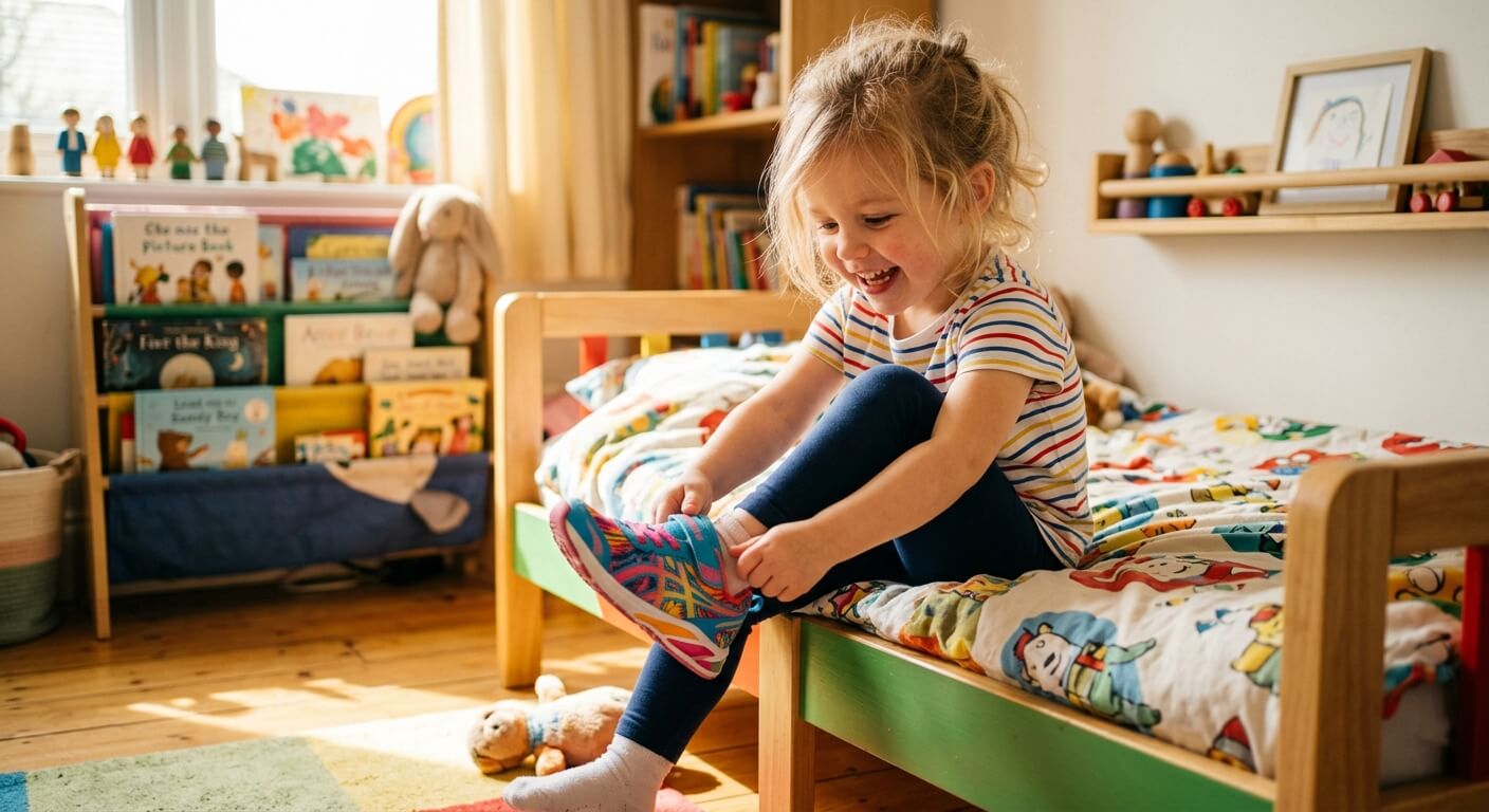Niña vistiéndose solita, alegre e independiente