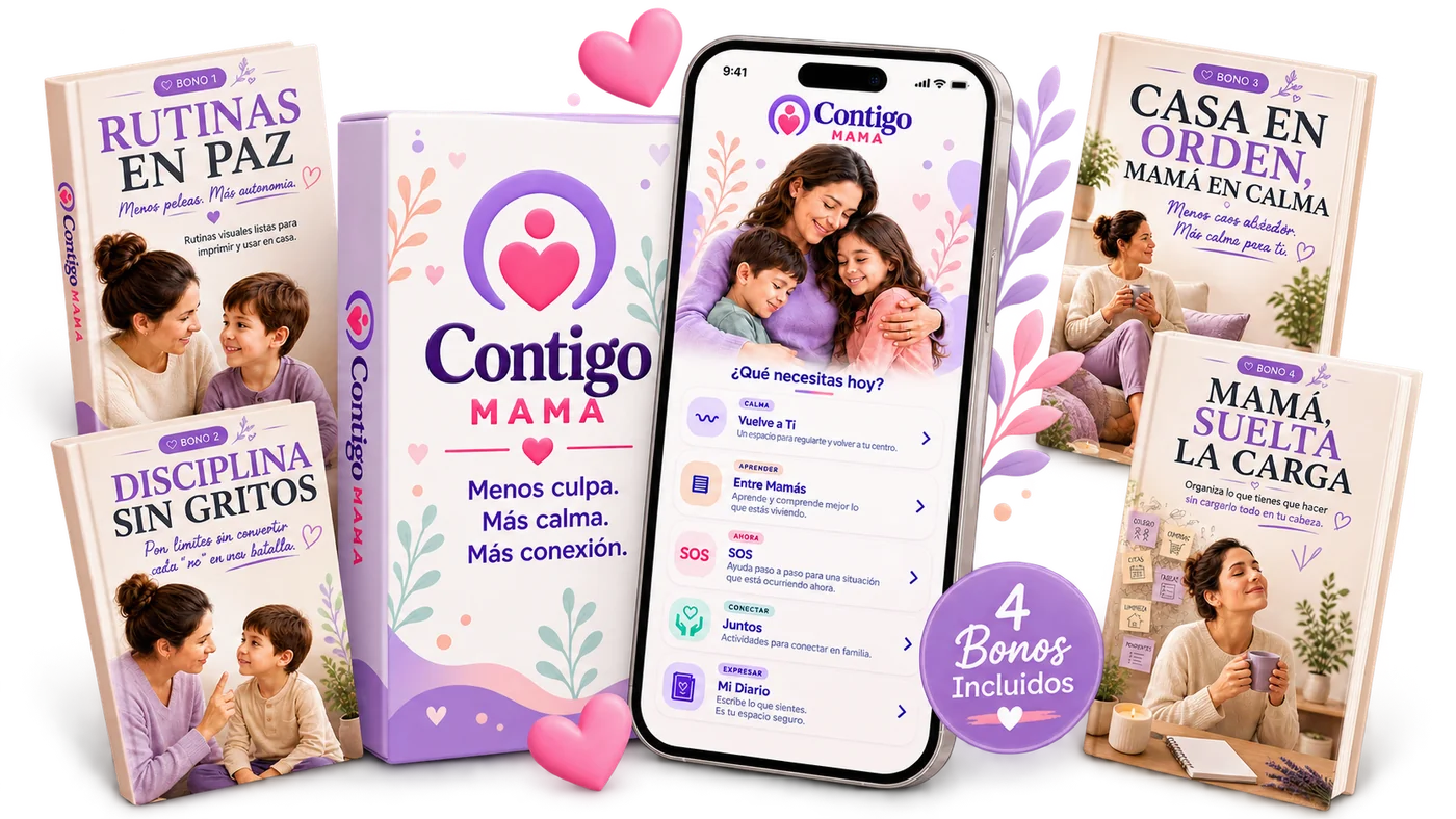 Contigo Mamá con sus 4 recursos incluidos: Rutinas en Paz, Disciplina sin Gritos, Casa en Orden Mamá en Calma y Mamá Suelta la Carga